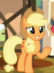 Size: 666x897 | Tagged: safe, screencap, applejack, big macintosh, granny smith, earth pony, pony, g4, going to seed, applejack's hat, cowboy hat, cropped, cute, female, hat, jackabetes, male, mare, offscreen character, raised hoof, smiling, solo focus, stallion