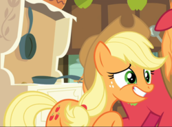 Size: 1057x784 | Tagged: safe, screencap, applejack, big macintosh, earth pony, pony, g4, going to seed, awkward smile, cropped, faic, female, floppy ears, freckles, grin, male, mare, offscreen character, raised hoof, smiling, solo focus, stallion