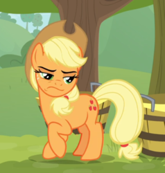 Size: 553x581 | Tagged: safe, screencap, applejack, earth pony, pony, g4, going to seed, applejack is not amused, cropped, female, freckles, mare, narrowed eyes, raised hoof, solo, unamused