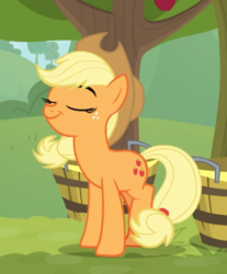 Size: 530x639 | Tagged: safe, screencap, applejack, earth pony, pony, g4, going to seed, cropped, cute, cutie mark, eyes closed, female, mare, pride, proud, raised hoof, silly, silly pony, smiling, solo, tied hair, who's a silly pony