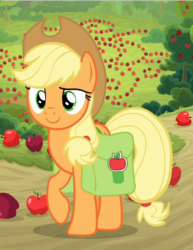 Size: 717x927 | Tagged: safe, screencap, applejack, earth pony, pony, g4, going to seed, apple, cropped, female, food, mare, raised hoof, saddle bag, smiling, solo