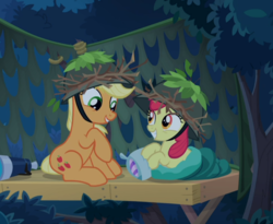 Size: 847x693 | Tagged: safe, screencap, apple bloom, applejack, earth pony, pony, g4, going to seed, adorabloom, apple sisters, cropped, cute, daaaaaaaaaaaw, duo, female, filly, hat, jackabetes, looking at each other, mare, pillow, siblings, sisters, sitting, sleeping bag, smiling
