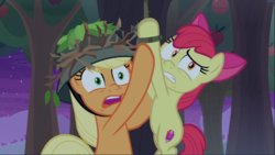 Size: 1668x939 | Tagged: safe, screencap, apple bloom, applejack, earth pony, pony, g4, going to seed, bow, cropped, duo, faic, female, filly, hair bow, hat, mare, narrowed eyes, open mouth, rope, scared, siblings, sisters