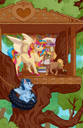 Size: 5791x8950 | Tagged: safe, artist:cuttledreams, oc, oc only, oc:copper chip, oc:golden gates, oc:silver span, pegasus, pony, unicorn, babscon, tire swing, tree, treehouse, trio
