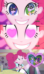 Size: 1280x2160 | Tagged: safe, artist:themexicanpunisher, microchips, pinkie pie, sci-twi, twilight sparkle, coinky-dink world, equestria girls, equestria girls series, g4, my little pony equestria girls: summertime shorts, the road less scheduled, the road less scheduled: microchips, spoiler:choose your own ending (season 2), spoiler:eqg series (season 2), female, geode of telekinesis, heart eyes, magical geodes, male, mc dex fx, meme, microlight, pinkie the shipper, pinkie's eyes, shipping, straight, wingding eyes