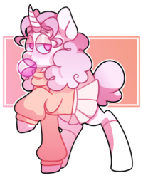Size: 994x1238 | Tagged: safe, artist:elf-hollow, oc, oc only, oc:tickled pink, pony, unicorn, bubblegum, clothes, cute, female, food, gum, mare, pleated skirt, skirt, socks, solo, sweater