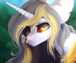 Size: 3600x3000 | Tagged: safe, artist:skylacuna, oc, oc only, oc:platinum feather, butterfly, pony, unicorn, bust, butterfly on nose, female, high res, insect on nose, mare, portrait, solo