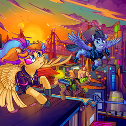 Size: 3000x3000 | Tagged: safe, artist:cuttledreams, oc, oc:copper chip, oc:golden gates, oc:silver span, pegasus, pony, unicorn, babscon, babscon 2019, cyberpunk, flying, high res, horn, looking down, looking up, mascot, pegasus oc, san francisco, sunset, trio, unicorn oc