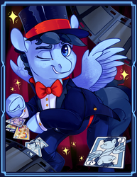 Size: 3400x4400 | Tagged: safe, artist:cuttledreams, oc, oc only, oc:silver span, pony, card, clothes, hat, solo, top hat, tuxedo