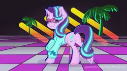 Size: 1280x720 | Tagged: safe, artist:cadetredshirt, starlight glimmer, pony, unicorn, g4, checkered floor, clothes, female, glasses, hoodie, neon, palm tree, solo, sweater, tree, vaporwave