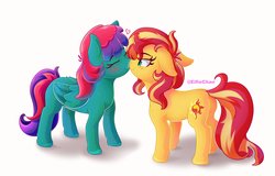 Size: 4096x2621 | Tagged: safe, artist:katakiuchi4u, sunset shimmer, oc, pegasus, pony, unicorn, g4, back freckles, blushing, bunset shimmer, butt, butt freckles, canon x oc, duo, ear freckles, floppy ears, freckles, peppered bacon, plot, simple background, white background