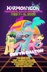 Size: 725x1103 | Tagged: safe, artist:cadetredshirt, ocellus, oc, oc:harmonic tune, oc:harmony star, changedling, changeling, earth pony, pegasus, pony, g4, advertisement, harmonycon 2020, sunglasses, trio, vaporwave, vaporwave style