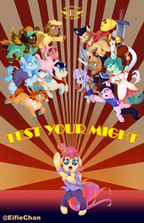 Size: 2650x4096 | Tagged: safe, artist:katakiuchi4u, oc, oc only, oc:copper chip, oc:golden gates, earth pony, pegasus, pony, babscon, bipedal, clothes, colored hooves, costume, floppy ears, group, hat, kigurumi, microphone, necktie, pirate hat, sunburst background, sunglasses, sword, weapon