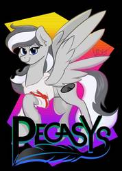 Size: 755x1058 | Tagged: safe, artist:cadetredshirt, oc, oc only, oc:pegasys, pegasus, pony, badge, bedroom eyes, clothes, female, hoodie, looking at you, solo, vaporwave, vaporwave style, walking