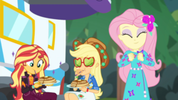 Size: 1600x900 | Tagged: safe, screencap, applejack, fluttershy, sunset shimmer, equestria girls, g4, my little pony equestria girls: choose your own ending, wake up!, wake up!: applejack, applejack's festival hat, applejack's sunglasses, cute, eating, female, flower, flower in hair, food, happy, pancakes, rv, shyabetes, sunglasses, syrup