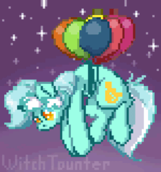 Size: 750x800 | Tagged: safe, artist:witchtaunter, lyra heartstrings, pony, unicorn, g4, animated, balloon, female, floating, night, pixel art, solo, then watch her balloons lift her up to the sky