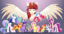 Size: 5500x3000 | Tagged: safe, artist:katakiuchi4u, apple bloom, fluttershy, pinkie pie, princess cadance, princess celestia, princess luna, scootaloo, spike, sunset shimmer, sweetie belle, twilight sparkle, oc, oc:fausticorn, alicorn, dragon, earth pony, pegasus, pony, unicorn, bronycon, g4, balloon, clothes, cutie mark, cutie mark crusaders, faustabetes, female, filly, freckles, glowing horn, hoof hold, horn, magic, male, mare, microphone, peppered bacon, royal sisters, shirt, telekinesis, the cmc's cutie marks, twilight sparkle (alicorn), winged spike, wings