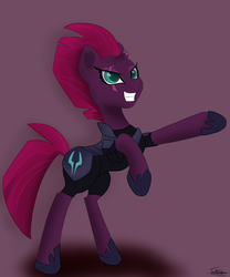 Size: 1080x1300 | Tagged: safe, artist:sadtrooper, tempest shadow, pony, unicorn, g4, broken horn, eye scar, female, hoof shoes, horn, mare, scar, simple background, smiling, solo