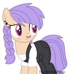 Size: 808x858 | Tagged: safe, artist:bluedinoadopts, oc, oc only, oc:broken gears, earth pony, pony, clothes, ear piercing, earring, eye scar, female, jeans, jewelry, mare, nose piercing, nose ring, overalls, pants, piercing, pigtails, scar, shirt, simple background, solo, t-shirt, transparent background, twintails