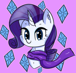 Size: 2039x1977 | Tagged: safe, artist:artiks, rarity, pony, unicorn, g4, bust, clothes, cute, cutie mark background, ear fluff, female, looking at you, mare, portrait, raribetes, scarf, simple background, solo