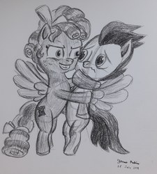 Size: 2448x2725 | Tagged: safe, artist:rockhoppr3, cozy glow, rumble, pony, g4, bad touch, colt, female, filly, hape, high res, hug, male, monochrome, personal space invasion, this will end in tears, traditional art