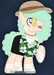 Size: 872x1206 | Tagged: safe, artist:bluedinoadopts, oc, oc only, oc:sand sculpture, earth pony, pony, blue background, clothes, glasses, hat, hawaiian shirt, jewelry, male, markings, necklace, open mouth, raised hoof, shark tooth, shirt, shorts, simple background, solo, stallion, sun hat, sunglasses, tooth