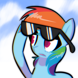 Size: 500x500 | Tagged: safe, artist:provolonepone, rainbow dash, pegasus, pony, g4, bust, cloud, cloudy, colored pupils, female, open mouth, portrait, solo, sunglasses, wingless