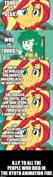 Size: 500x1656 | Tagged: safe, edit, edited screencap, screencap, sunset shimmer, wallflower blush, equestria girls, g4, my little pony equestria girls: better together, caption, comic, image macro, in memoriam, kobayashi, kyoto animation, miss kobayashi's dragon maid, rest in peace, sad, screencap comic, text, tohru