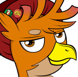 Size: 1730x1692 | Tagged: safe, artist:monsterglad, edit, oc, oc only, oc:krieg the griffon, griffon, commission, commissioner:genki, genki gang, i can't believe it's not idw, male, profile picture, self insert, simple background, smug, solo, twewy reference