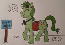 Size: 1332x931 | Tagged: safe, artist:rapidsnap, oc, oc only, earth pony, pony, atg 2019, camera, eyes closed, food, ice cream, ice cream cone, music notes, newbie artist training grounds, pictogram, plane, saddle bag, sign, solo, traditional art