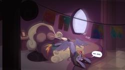 Size: 1280x721 | Tagged: safe, artist:icychamber, rainbow dash, pegasus, pony, g4, bed, female, solo, speech bubble, text