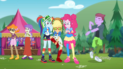Size: 2048x1151 | Tagged: safe, screencap, applejack, duke suave, pinkie pie, rainbow dash, scribble dee, starlight, accountibilibuddies, equestria girls, g4, my little pony equestria girls: choose your own ending, background human, broken bone, broken foot, cute, female, geode of sugar bombs, magical geodes, male, scribblebetes, shoes, sneakers