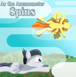 Size: 1451x1467 | Tagged: safe, artist:paracompact, rumble, oc, pegasus, pony, fanfic:as the anemometer spins, g4, art deco, blank flank, cloud, colt, cover art, fanfic, fanfic art, fanfic cover, flying, foal, hooves, lineless, male, minimalist, modern art, wings
