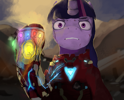 Size: 2670x2160 | Tagged: safe, artist:sapphmod, twilight sparkle, pony, unicorn, g4, and i am iron man, avengers, avengers: endgame, blood, crossover, high res, infinity gauntlet, iron man, looking at you, marvel cinematic universe, raised hoof, spoilers for another series, the snap