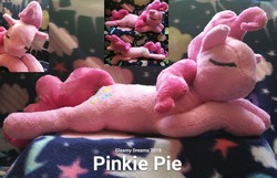 Size: 2841x1826 | Tagged: safe, artist:gleamydreams, pinkie pie, earth pony, pony, g4, craft, female, irl, multiple views, photo, plushie, prone, solo
