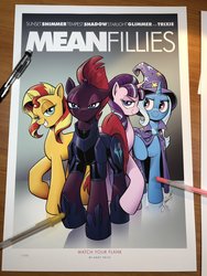 Size: 1536x2048 | Tagged: safe, artist:andypriceart, starlight glimmer, sunset shimmer, tempest shadow, trixie, pony, unicorn, g4, armor, broken horn, eye scar, female, group, horn, looking at you, mare, mean girls, movie poster, parody, photo, poster, quartet, s5 starlight, scar, sketch, smiling, smirk, unicorn master race