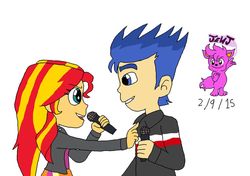 Size: 1024x722 | Tagged: safe, artist:stella-exquisa, flash sentry, sunset shimmer, equestria girls, g4, female, male, microphone, ship:flashimmer, shipping, straight