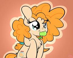 Size: 1007x793 | Tagged: dead source, safe, artist:php142, pear butter, earth pony, pony, g4, the perfect pear, :3, :t, apple, chest fluff, cute, female, food, gradient background, green apple, mare, mouth hold, nom, orange background, outline, simple background, sitting, smiling, solo, starry eyes, wingding eyes