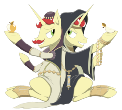Size: 3000x2695 | Tagged: safe, artist:janji009, part of a set, flam, flim, pony, unicorn, g4, armor, brothers, card game, clothes, crossover, duo, duo male, flim flam brothers, gold, golden apple, headband, high res, jewelry, magic the gathering, male, orzhov syndicate, part of a series, ravnica, robe, siblings, simple background, stallion, transparent background
