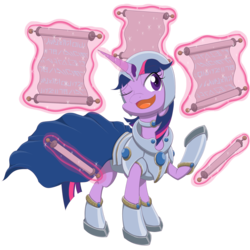 Size: 3000x2996 | Tagged: safe, artist:janji009, part of a set, twilight sparkle, pony, unicorn, g4, armor, azorius, cape, card game, clothes, crossover, female, glowing horn, helmet, high res, horn, levitation, magic, magic aura, magic the gathering, mare, one eye closed, part of a series, ravnica, scroll, simple background, solo, telekinesis, transparent background, unicorn twilight
