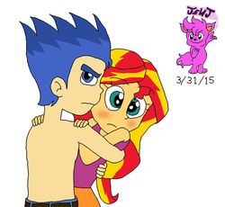 Size: 1024x944 | Tagged: safe, artist:stella-exquisa, flash sentry, sunset shimmer, equestria girls, g4, belt, clothes, female, jeans, male, pants, partial nudity, ship:flashimmer, shipping, straight, topless
