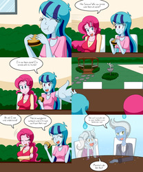 Size: 2000x2400 | Tagged: safe, artist:jake heritagu, pinkie pie, sonata dusk, oc, oc:calando mist, oc:silent hill, ghost, comic:aria's archives, equestria girls, g4, breasts, burger, busty pinkie pie, chair, clothes, comic, dazzling, dialogue, eating, female, food, fountain, gazebo, hamburger, high res, jack the ripper, male, meat, offspring, parent:sonata dusk, parents:canon x oc, speech bubble, statue, table, window