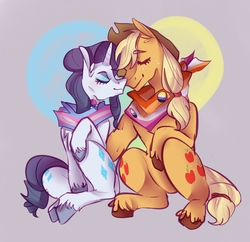 Size: 1550x1500 | Tagged: safe, artist:corporalvortex, applejack, rarity, earth pony, pony, unicorn, g4, applejack's hat, bandana, bisexual pride flag, both cutie marks, butch, butt freckles, button, clothes, cowboy hat, cute, ear fluff, eyes closed, eyeshadow, female, freckles, gender headcanon, hat, headcanon, heart, heart background, jackabetes, jewelry, leaning, lesbian, makeup, mare, masculine mare, nonbinary, nonbinary pride flag, nuzzling, pin, pins, pride, raribetes, scarf, sexuality headcanon, ship:rarijack, shipping, simple background, sitting, t4t, trans applejack, trans female, trans rarity, transgender pride flag, unshorn fetlocks