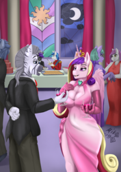 Size: 1447x2047 | Tagged: safe, artist:mik3thestrange, princess cadance, shining armor, oc, alicorn, bat pony, unicorn, zebra, anthro, g4, alcohol, anthro oc, arm behind back, bat pony oc, bedroom eyes, big breasts, breasts, busty princess cadance, canon x oc, cleavage, clothes, commission, dress, eating, evening gloves, female, glass, gloves, hand behind back, imminent sex, lidded eyes, long gloves, male, open mouth, seductive, seductive look, sexy, sexy armor, smiling, stupid sexy oc, stupid sexy princess cadance, suit, table, talking, uniform, wine, wine glass, zebra oc