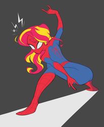 Size: 928x1138 | Tagged: artist needed, safe, sunset shimmer, equestria girls, g4, ass, bunset shimmer, butt, crossover, female, gray background, male, marvel, simple background, solo, spider-man, spider-sense, spidey sense, superhero, superhero costume, white eyes