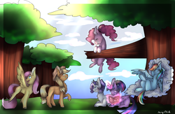 Size: 2000x1300 | Tagged: safe, artist:mercyofkind, applejack, fluttershy, pinkie pie, rainbow dash, rarity, twilight sparkle, alicorn, earth pony, pegasus, pony, unicorn, g4, alternate hairstyle, book, chest fluff, chillaxing, cloud, ear fluff, forest, hanging out, mane six, ponytail, signature, tree, tree branch, twilight sparkle (alicorn)
