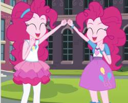Size: 1335x1074 | Tagged: safe, artist:mlp-silver-quill, pinkie pie, comic:pinkie pie says goodnight, equestria girls, equestria girls series, g4, clothes, cropped, duality, duo, end of the world, geode of sugar bombs, magical geodes, rah rah skirt, raised fist, self paradox, skirt