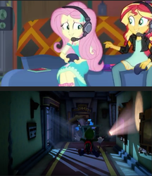 Size: 473x548 | Tagged: safe, edit, edited screencap, screencap, fluttershy, sunset shimmer, equestria girls, g4, game stream, my little pony equestria girls: better together, comparison, cropped, flashlight (object), fluttershy plays, hallway, lowres, luigi, luigi's mansion, luigi's mansion 3, luigishy, male, nervous, nintendo, nintendo switch, playing video games, poltergust g-00, super mario bros.