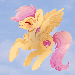 Size: 768x768 | Tagged: safe, artist:saltytangerine, scootaloo, pony, g4, blushing, chest fluff, cute, cutealoo, eyes closed, female, flying, older, scootaloo can fly, signature, smiling, solo, spread wings, wings