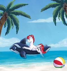 Size: 895x950 | Tagged: safe, artist:flaming-trash-can, oc, oc only, oc:swift apex, orca, pony, whale, beach, beach ball, floaty, inflatable, inflatable toy, inflatable whale, intex, male, ocean, palm tree, pool toy, solo, tree, ych result